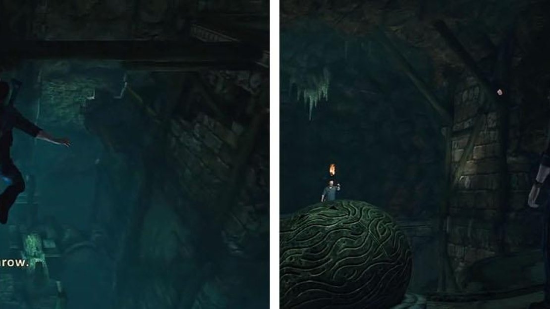 Use the chains to safetly reach each brazier (left). When you open the sluice look up to the right for a treasure (right).