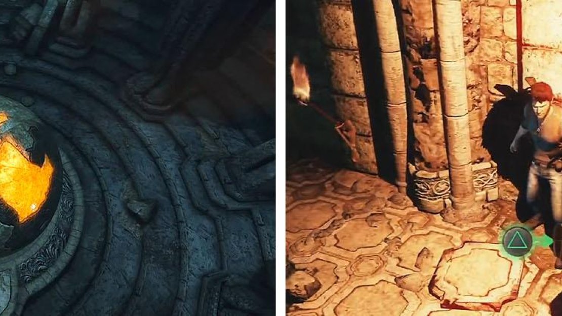 Align the continents up with the light (left) and get the treasure just outside the tomb (right).