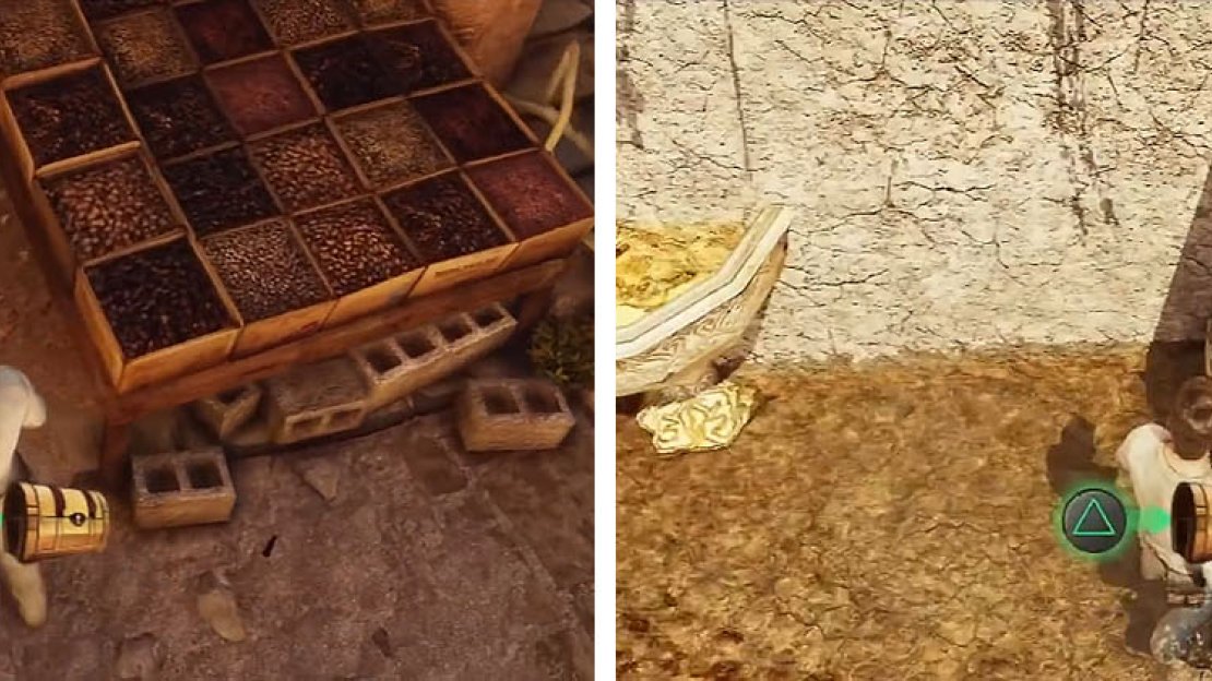 Get the treasure by the fruit stand (left) and the market fountain (right).