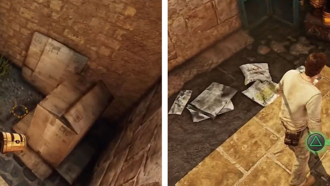 After the brawl get the treasure in the alcove on the right (left) and at the bottom of the stairs (right).