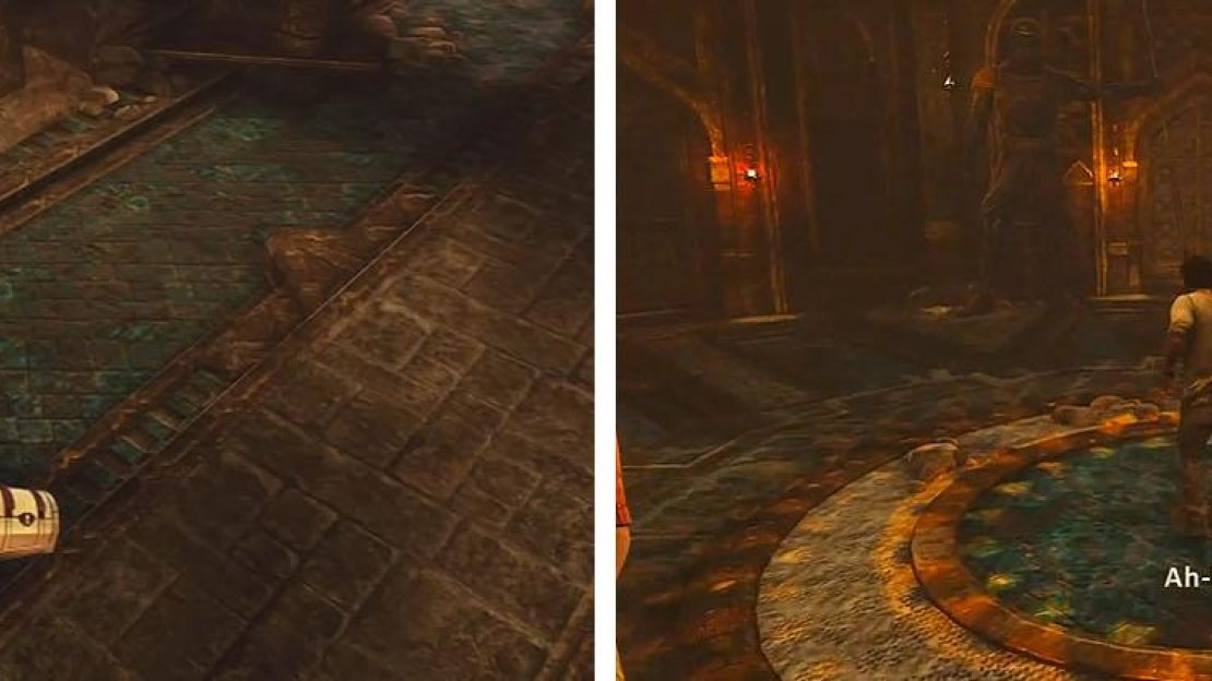 Get the treasure by the gateway (left) and enter the main room (right).