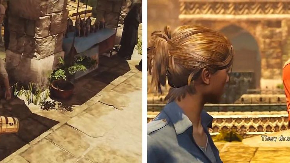 Make sure to get the treasure by the archway (left) before getting to close to the stairway and activating the scene (right).