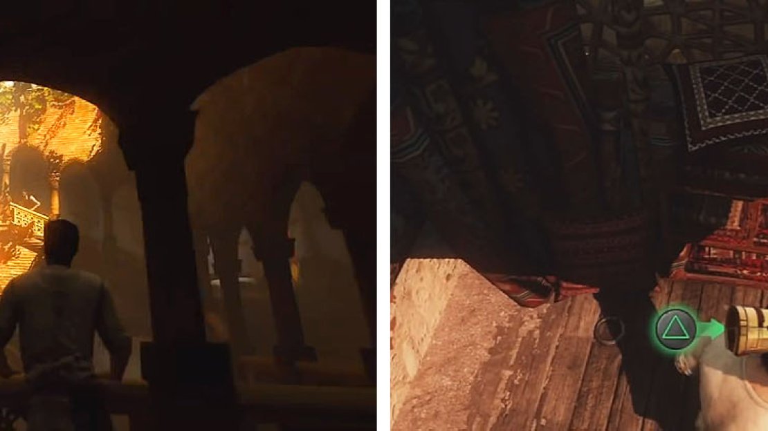 After losing Talbot (left) enter the market and turn right for the treasure (right).
