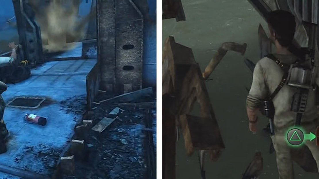 Run over the riot shield to quickly kil him (left). When you pull up on the metal walkway turn right to spot the treasure (right).