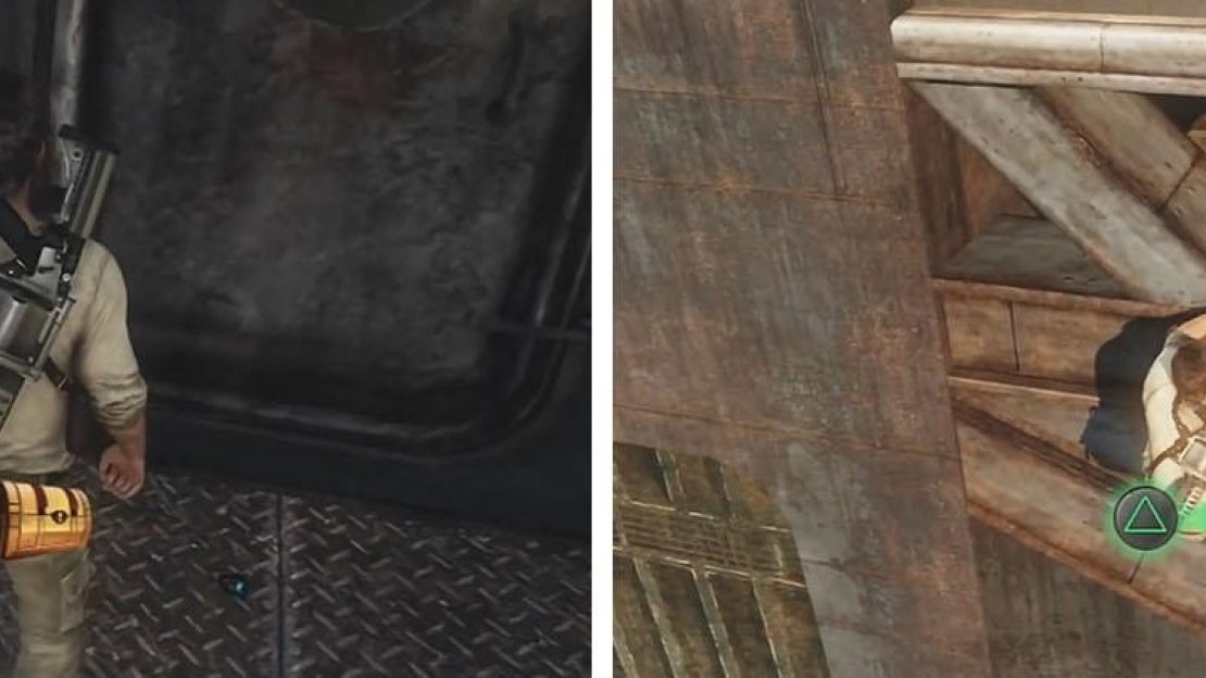Climb the rope to reach a treasure (left) and then use the rope to climb up and hop over a railing for another treasure (right).
