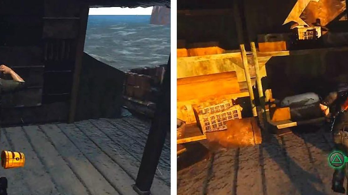 Get both treasures on the main barge: the one on the south side (left) and the one on the north side (right).