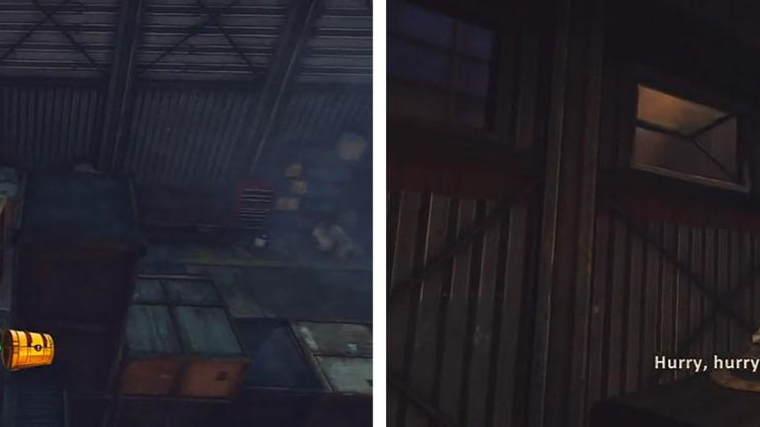 Get the treasure in the hanger (left) and then use the car to exit the window (right).