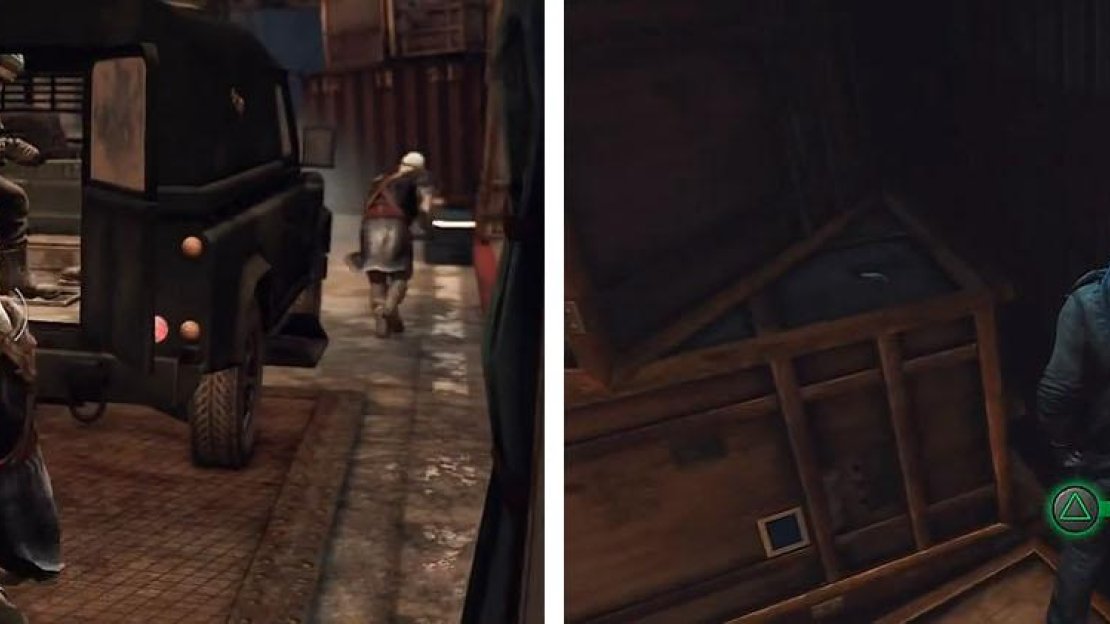 Toss the grenade between the men for the trophy (left) and then get the treasure (right).
