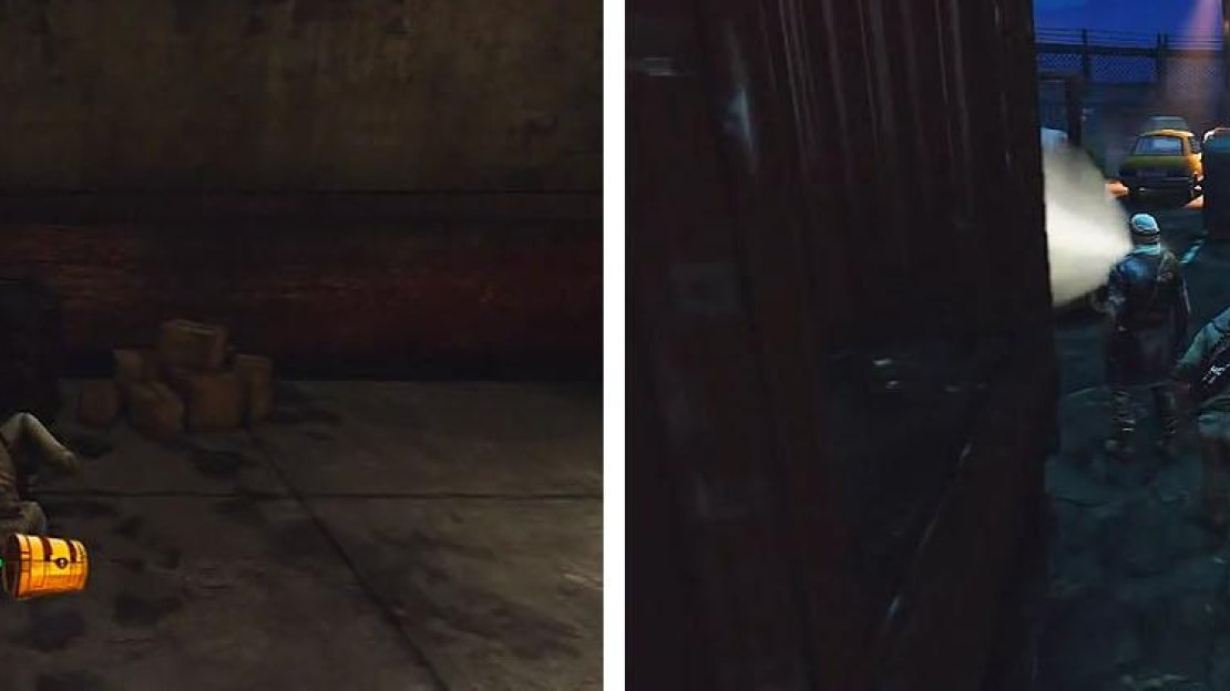 Get the treasure in the garage (left) and the use the stealth guide below to clear out the following area without anyone seeing you (right).
