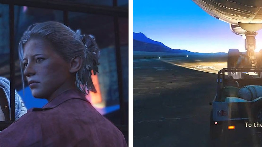 Make your peace with Elena (left) and then catch up to the plane and make the daring leap to the landing gear (right).