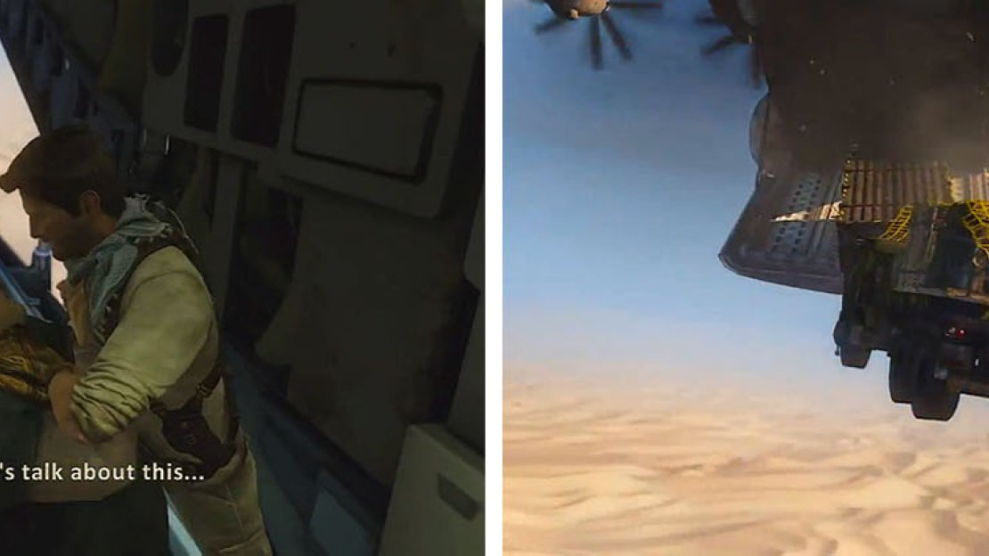 Beat up the Brute (left) only to find yourself dangling out the ass end of a plane (right).