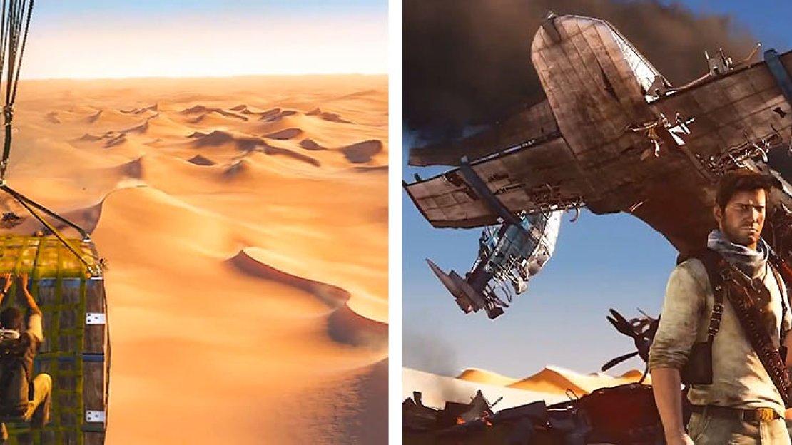 Use the parachute to land safely (left) and approach the wreckage (right).