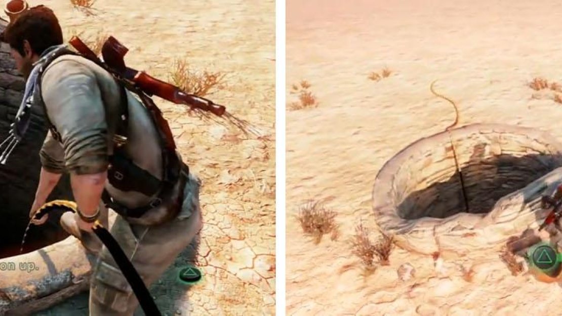 Check the well (left) and then check the vase by the well for a treasure (right).