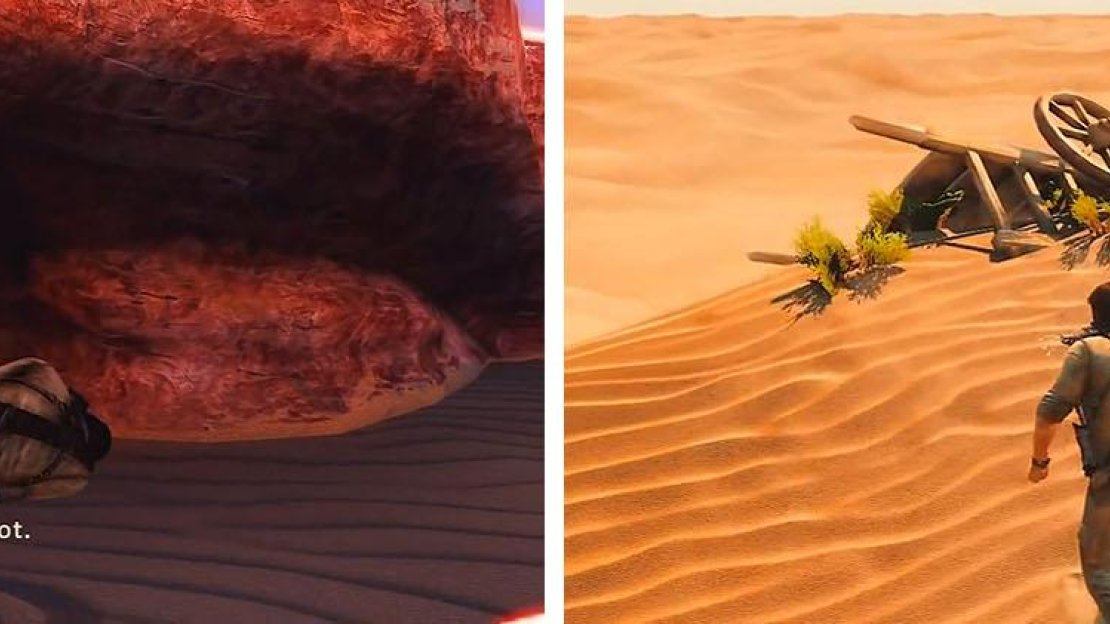 Walk through the desert across many days to finally reach the settlement (right).