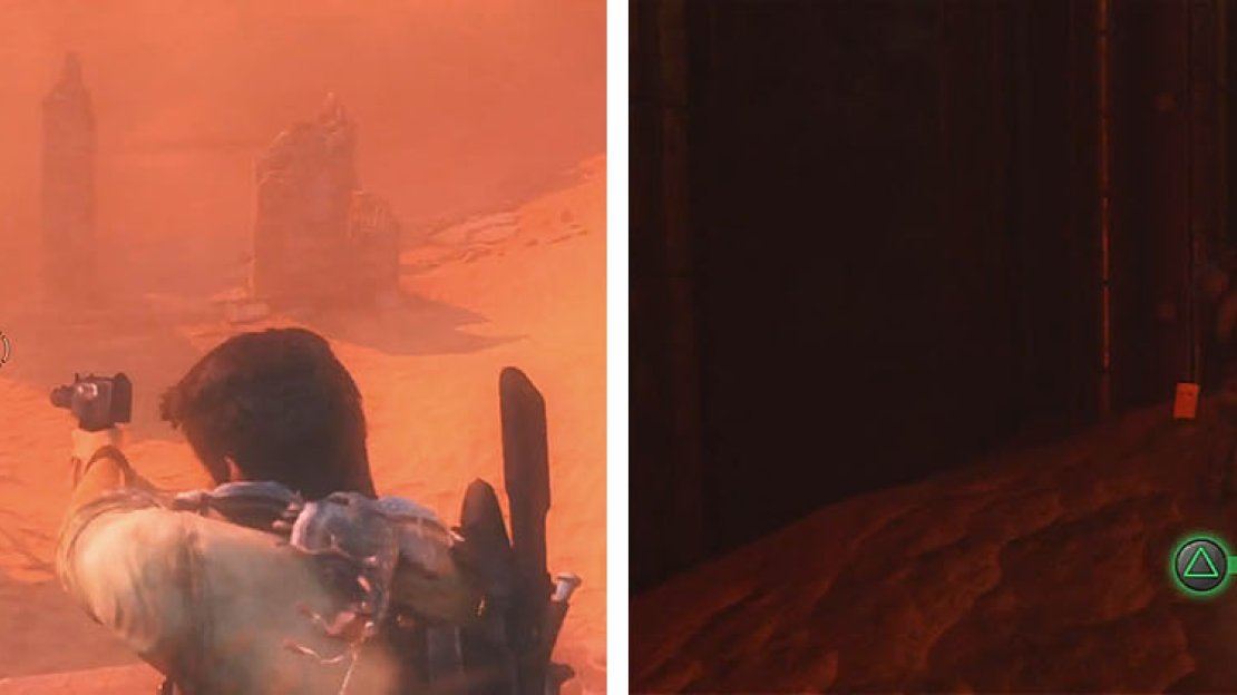 Avoid the snipers (left) and after entering the building turn left for a treasure (right).