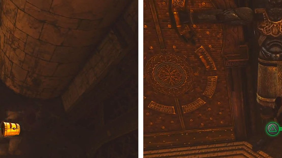 Get both treasures in the gate room: on the right ledge (left) and on the chandelier (right).