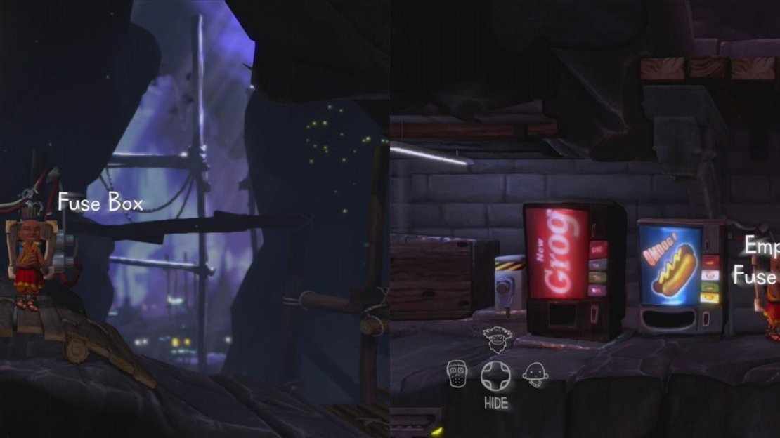 Grab the fuse from the fuse box at the top of the area (left) and then place it in the fuse box int he vending machine room (right).