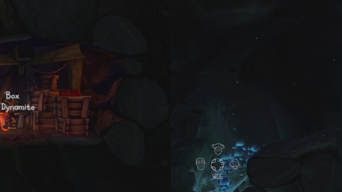 Grab a stick of dynamite (left) to destroy the weak wall above and then hop up to grab the first trinket (right).
