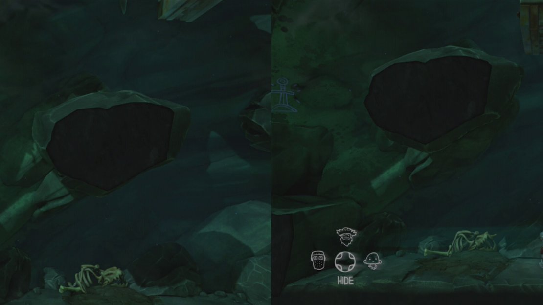 Grab the Cave Painting on the platform at the top left (left). Move the block to this location (right) so that your comrades can drop down without dying.