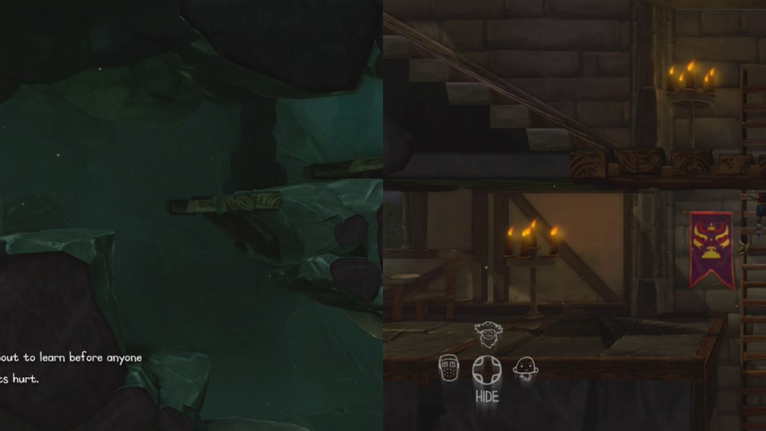 Drop down the flaming pit using the knight’s special ability (left). After speaking to the King and the Princess, continue into the tower (right).