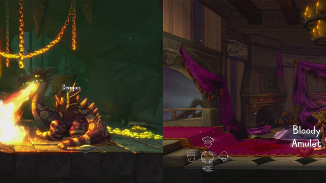 Use the knight’s special ability to distract the dragon (left) whilst an ally steals his treasure. Return to the Princess’s Room in the keep for the Bloody Amulet (right).