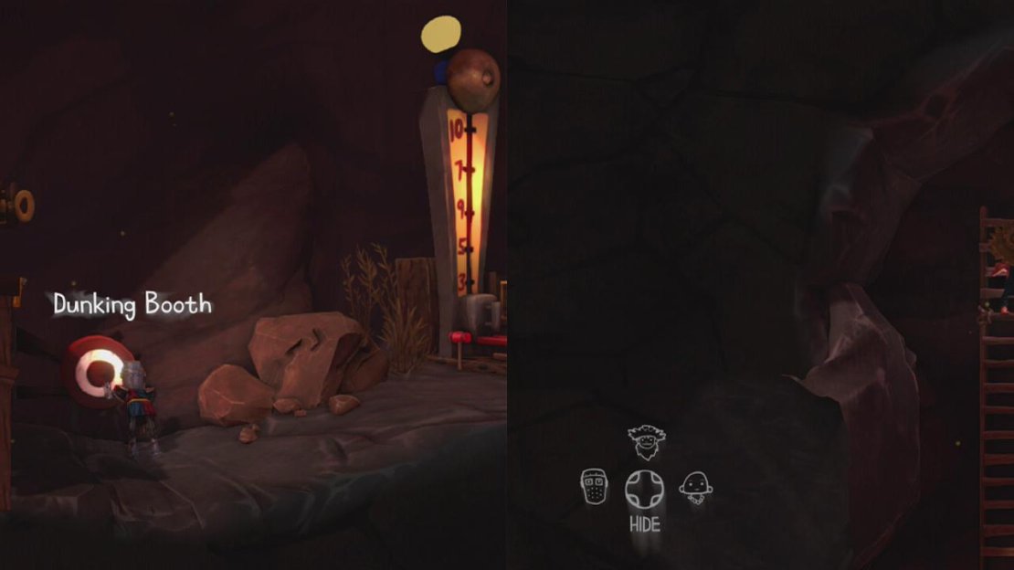Use the dunking booth to have the hillbilly enter the water below (left). Climb the ladder to the left for a Cave Painting (right).