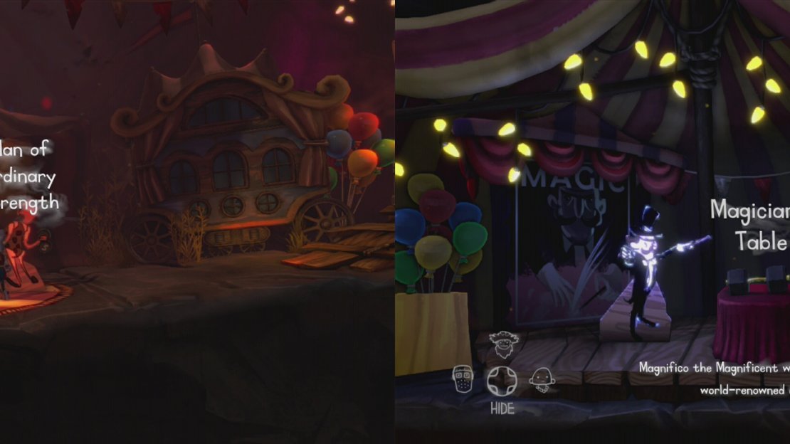 Find the Man of Ordinary Strength and grab his barbell (left). Take it to the magician below to have it become invisible (right)