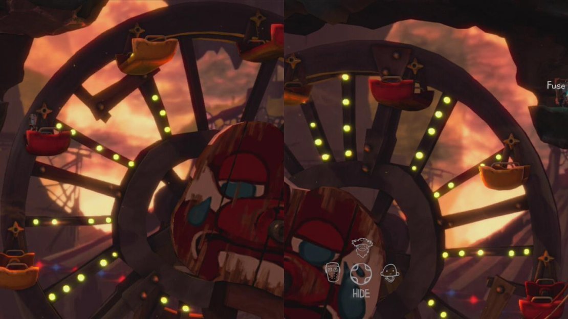 Ride the ferris wheel around to reach a Cave painting (left) and a fuse (right).
