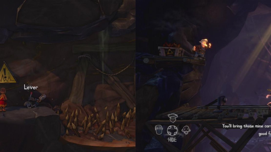 Pull the levers to begin the section (left). Climb all the way to the bottom to meet the irate miner (right).