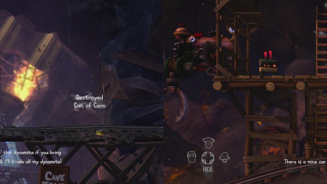 Catch a stick of dynamite in the bucket of water (left) to access a sealed passage. Inside, use one character to position the mine cart below the claw and another to use the lever (right).