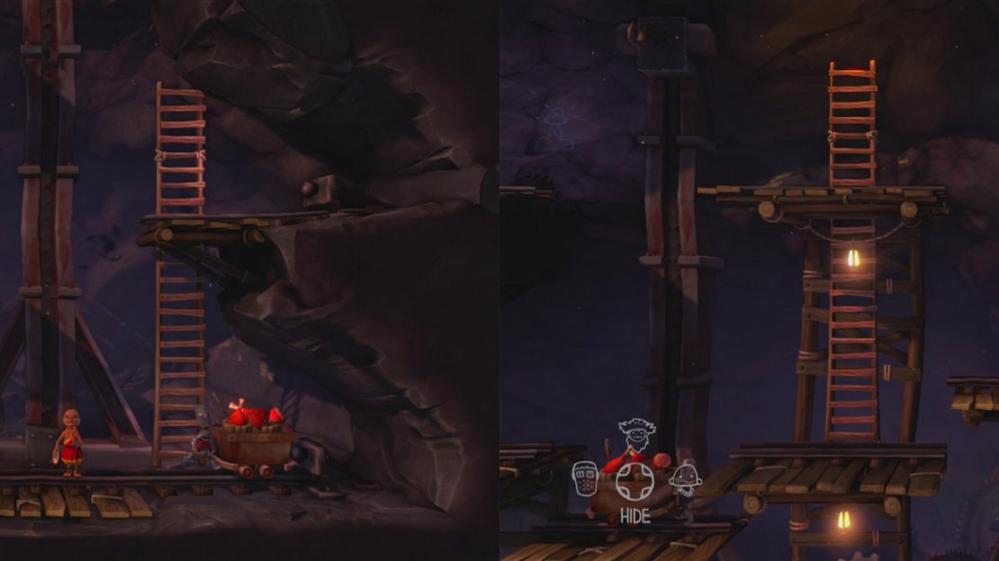 Use all three characters as counterweights to move the cart to the track on the central left.