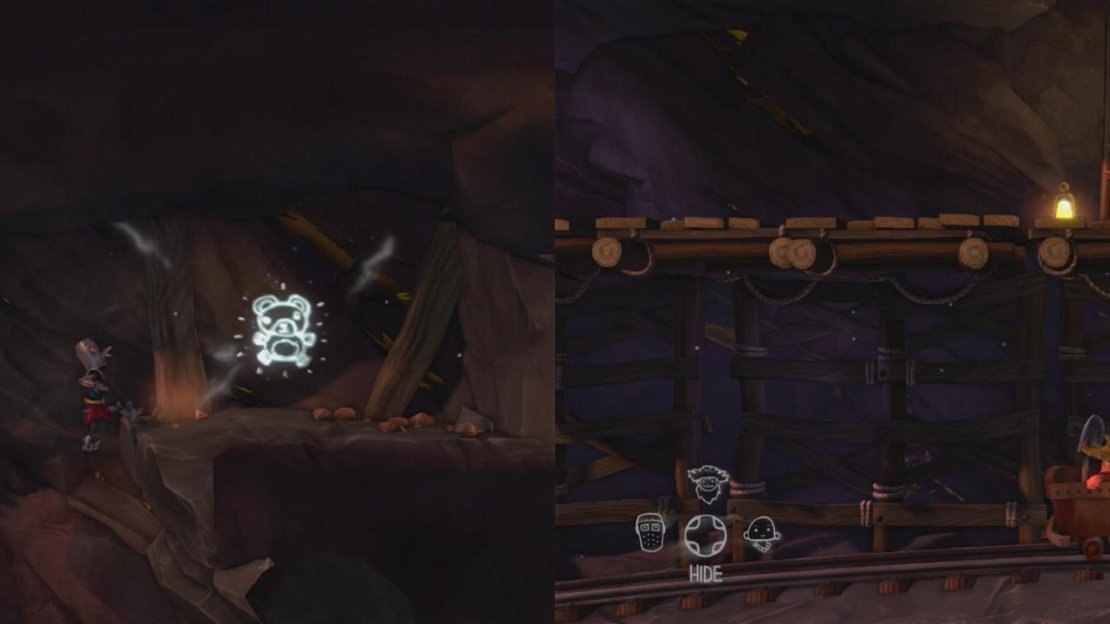 Grab the Cave Painting as you enter (left), put the character with the shovel in the cart and give them a push (right).