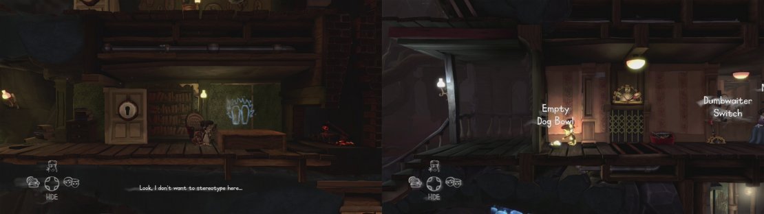 Unlock the door below and knock over the bookcase for a Cave Painting (left). Put the dog food into the dog bowl in the kitchen.