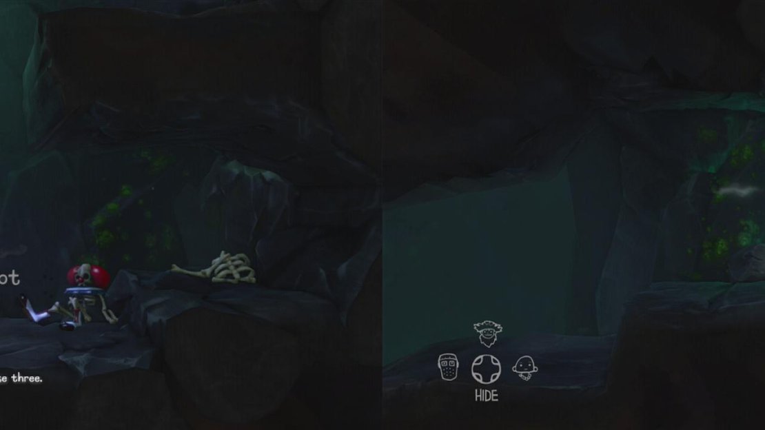 from the monster room, climb up to the left to find a dead robot (left) and another Cave Painting (right).