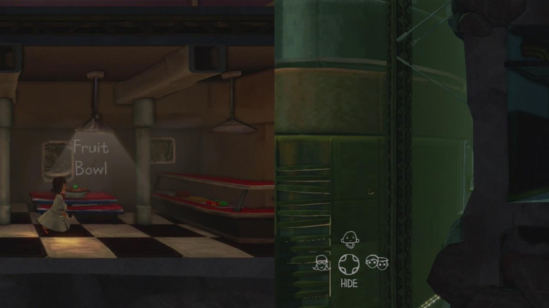 Examine the fruit bowl until you pick up the bananas (left). Give the bananas to the chimp and lead it to the 2nd floor room (right).