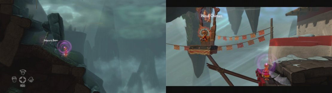 As you climb the mountain, use the monk’s special ability to remove the support (left) and to interact with the wind chimes at the top (right).