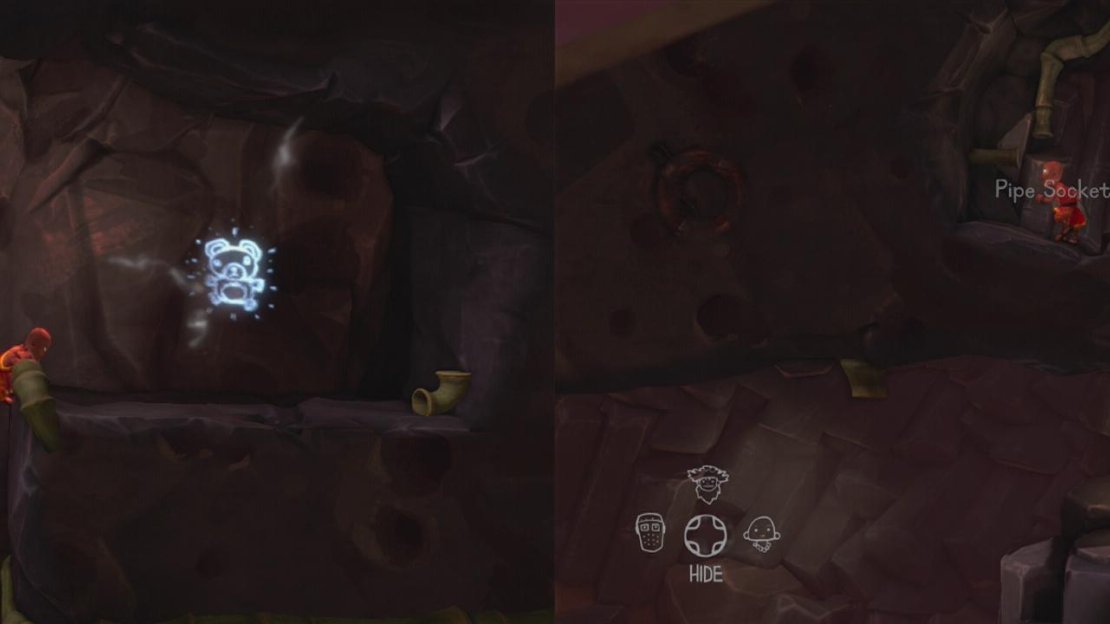 Grab the L-shaped pipe from next to the Cave Painting (left) and insert it into the relevant gap in the pipe on the left side of the island (right).
