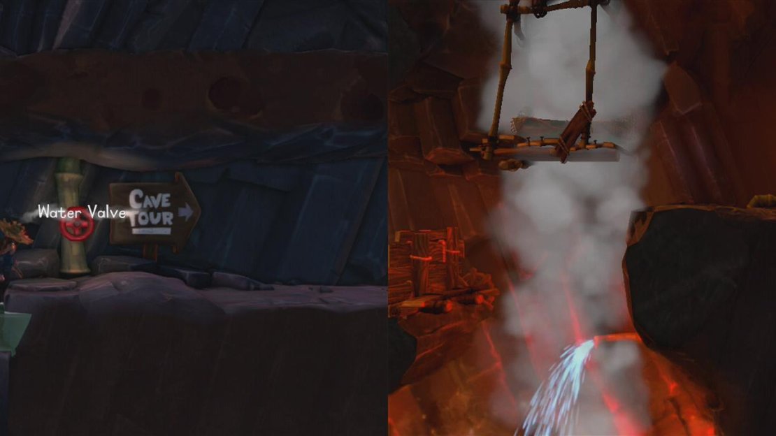 Use the valves in the cave to move the boat through to the right hand side of the island.