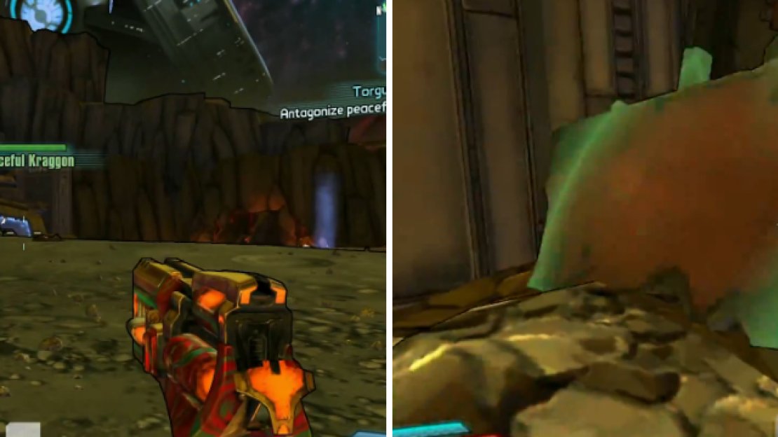 The Peaceful Kraggon will only become antagonized if you shoot it with the mission weapon. Once you do, get it to attack the wall pictured on the right.