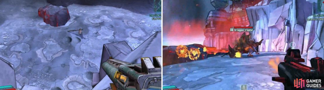 Drop down here to find the tuckerbag, but you&rsquo;ll have to kill the three Kraggon Eruptors before you can pick it up.