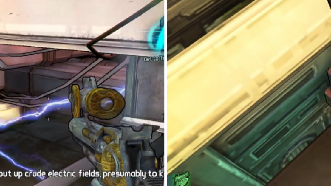 There’s an electric barrier blocking your progress and the switch to shut it off is on the roof right next to it.