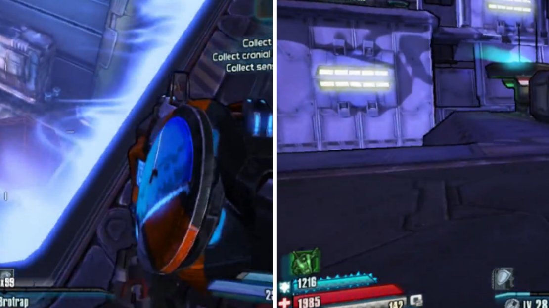 Drop down the long shaft (left), then use the jump pad (right) to eventually reach one that launches you straight up, leading to the cranial interface.