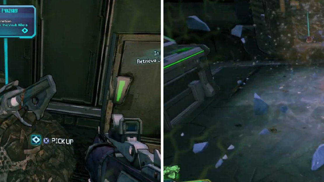 Grab the Freezeasy and use it to freeze the enemies in the next room, picking up the chunks that drop.