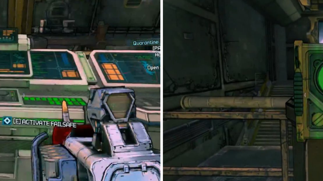 You’ll need to hit the three consoles in the correct order (left), then you will have to hit five buttons to activate force fields (right).