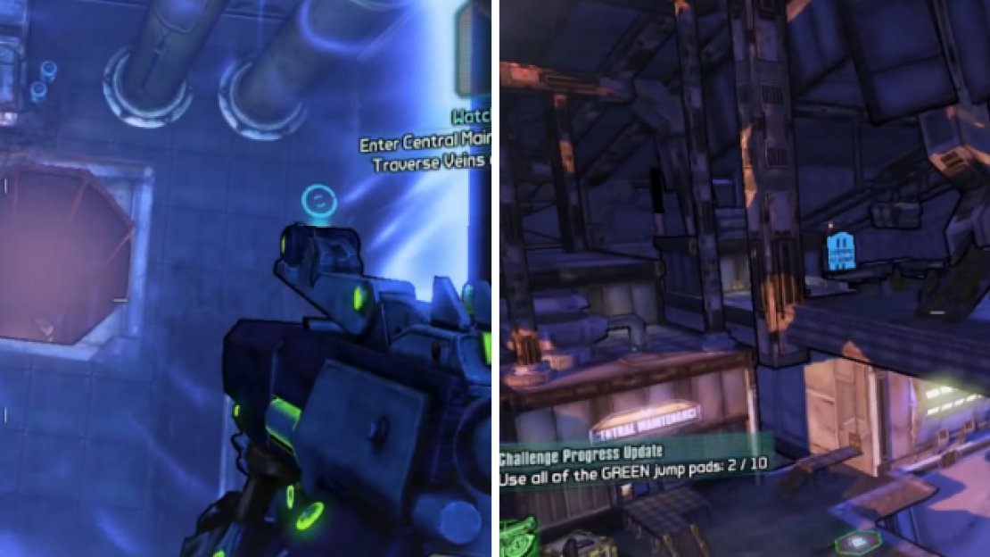 You can jump down the large shaft (left), with your ultimate goal being to reach the platform on the right.
