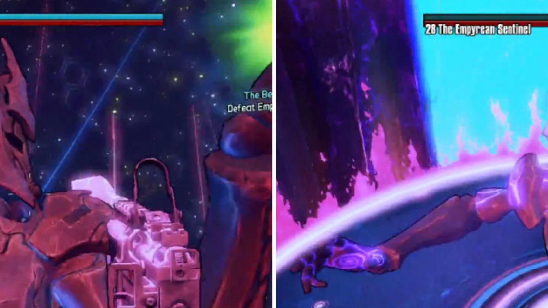 The Empyrean Sentinel can only be damaged by shooting the head that’s facing forward. After its shield is gone, the mask falls off and you can start depleting its health.