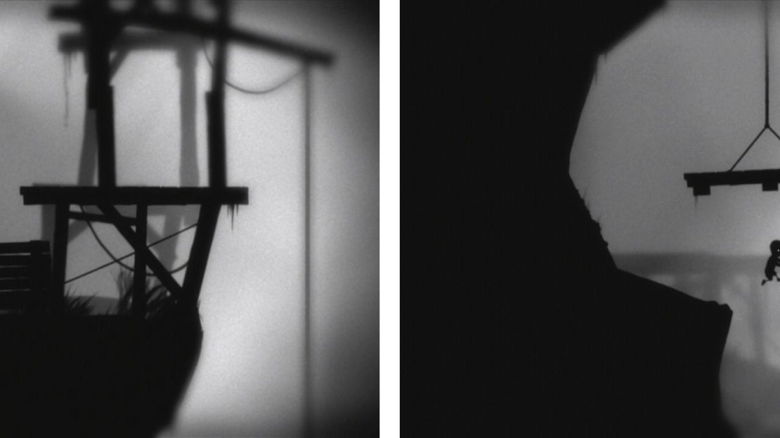 Pull the box out and use it to climb up (left). Drop down and jump over the pit beneath the girder (right).
