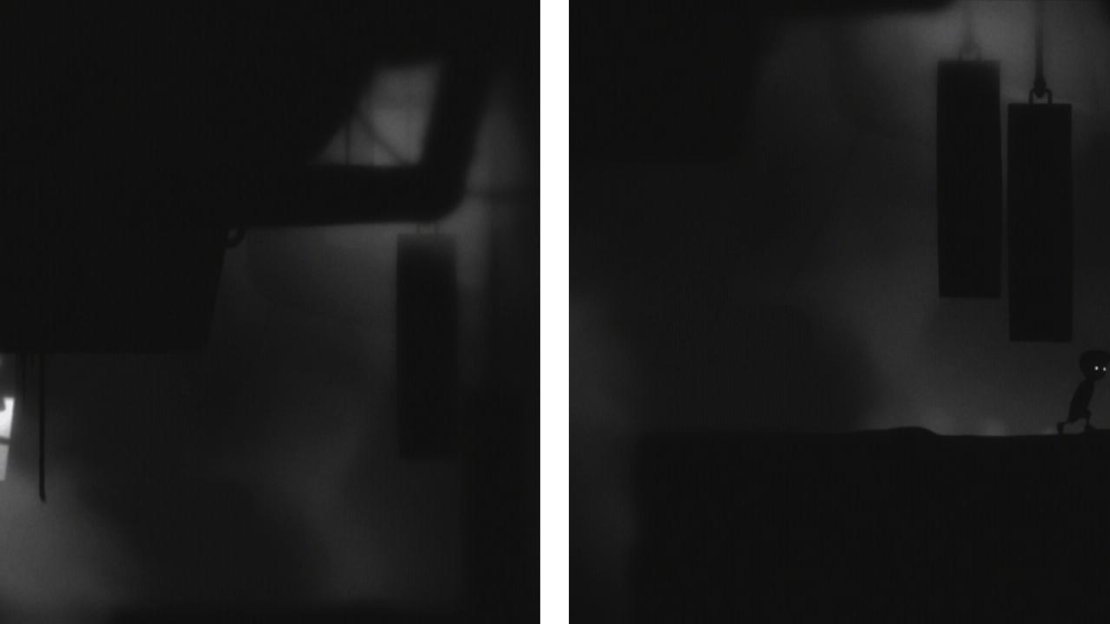 Use the minecart to jump to the rope hanging between the gears (left). Use both ropes to raise the counter weights and run under them to continue (right).
