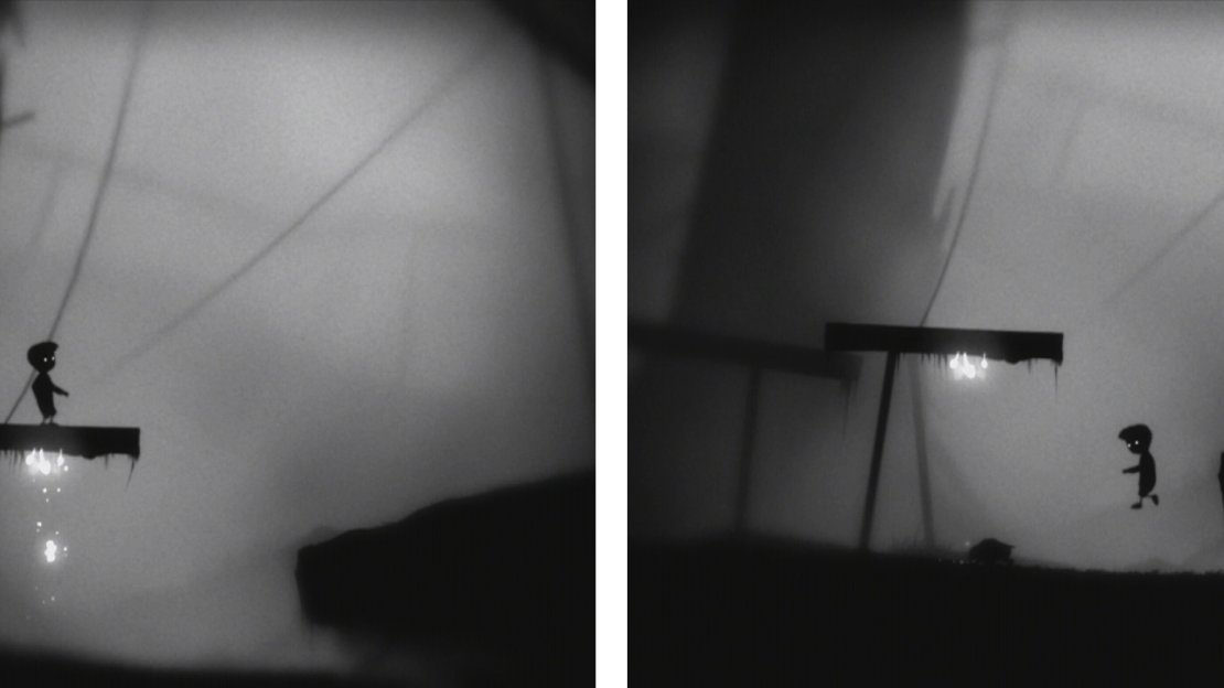 Hop on the pipe to dislodge the glowing object (left) and then drop down behind the creature that comes to eat it and chase it to the left (right).