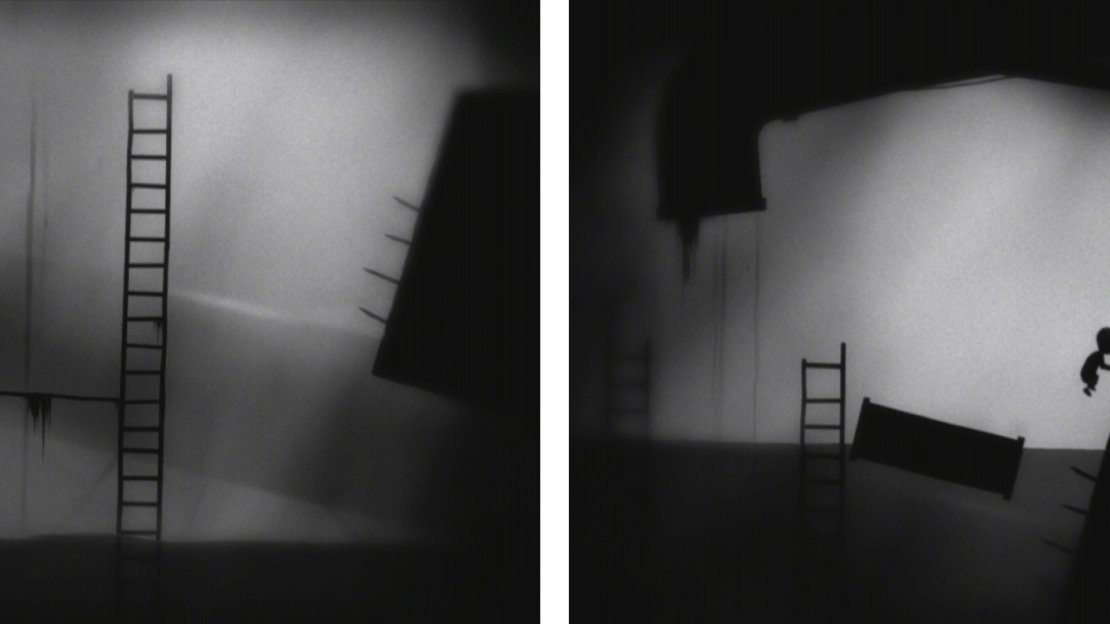 As you move right, climb to the top of the ladders (left) and use the floating pipe to jump up to the ledge above when the water level is high enough (right).